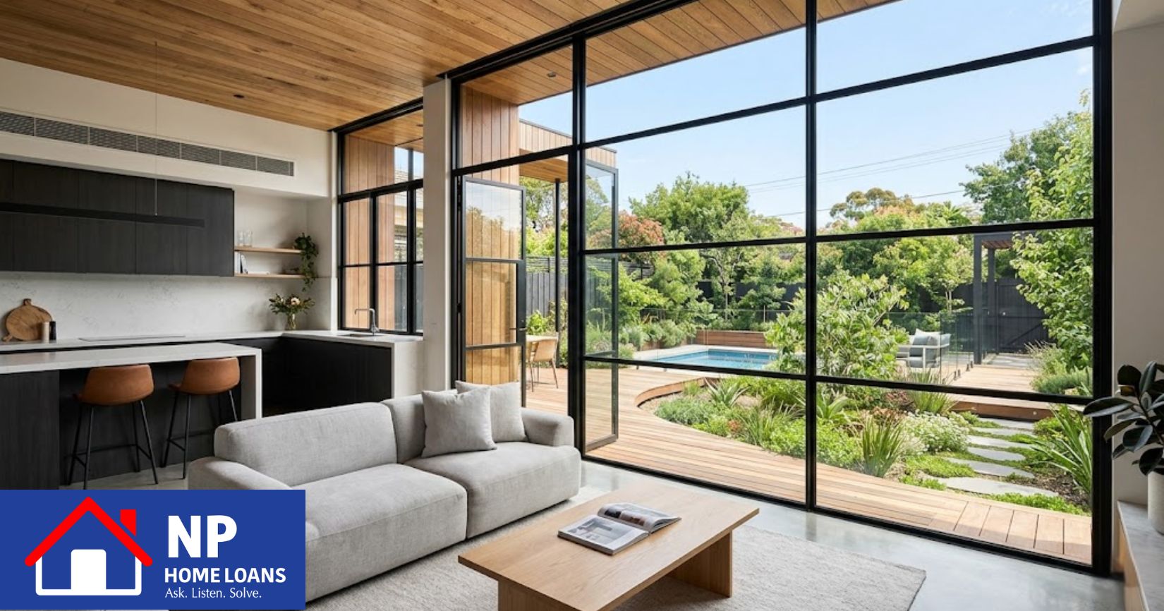 A bright, modern home interior in Mt Waverley overlooking an outdoor garden, featuring clean architectural lines, illustrating smart property investment choices in Melbourne.