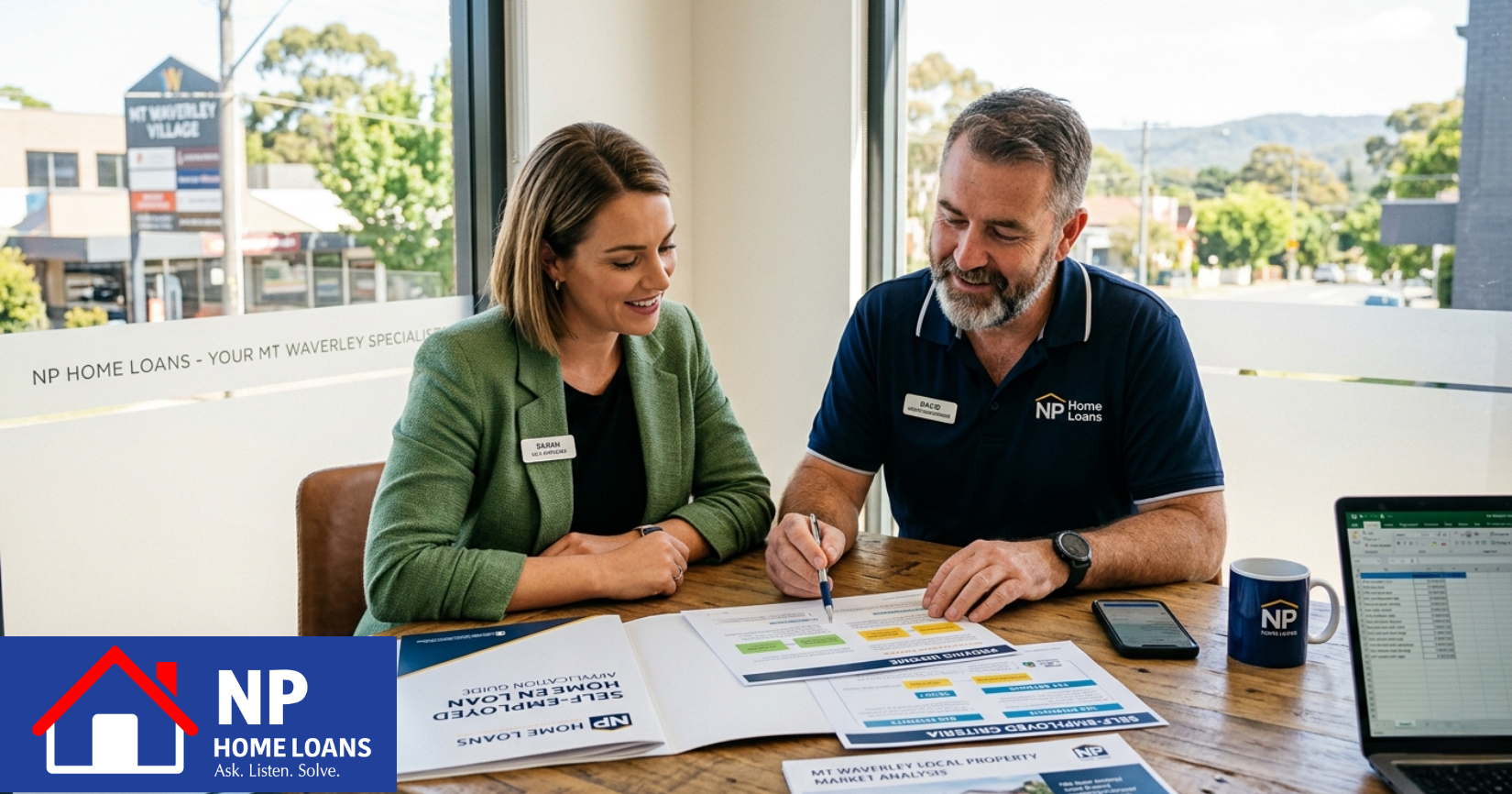 Self-employed business owner reviewing financial documents for home loans for self employed applicants with an NP Home Loans mortgage broker in Mt Waverley