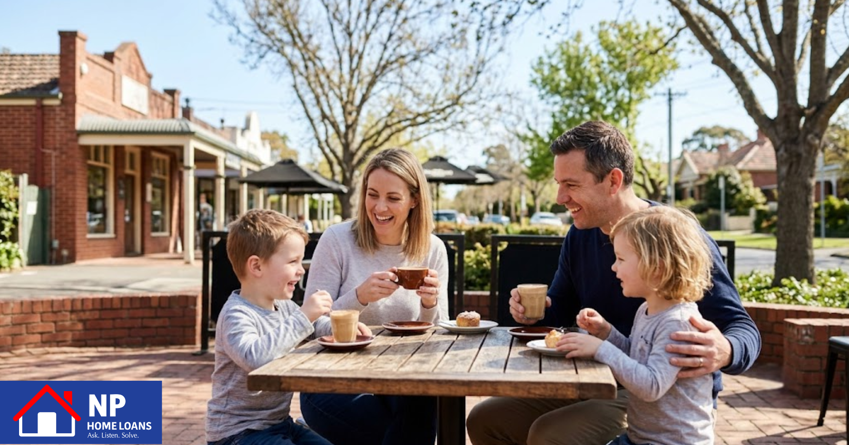 Happy family in a bright living room celebrating a home loan approval from an NP Home Loans mortgage broker in Mt Waverley.